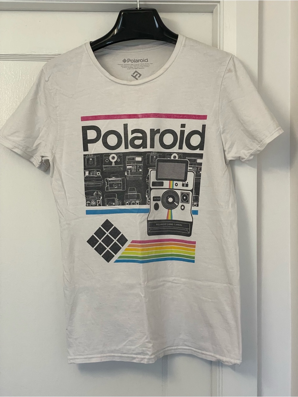 Vintage Polaroid Tee with Retro Camera Graphic and Rainbow Stripes